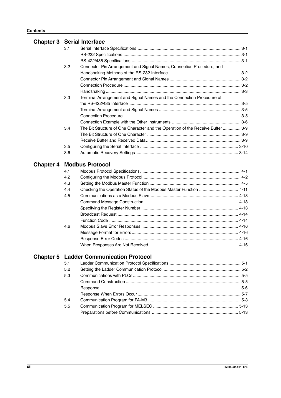 Chapter 3 serial interface, Chapter 4 modbus protocol, Chapter 5 ladder communication protocol | Yokogawa Data Acquisition with PID Control CX2000 User Manual | Page 13 / 321