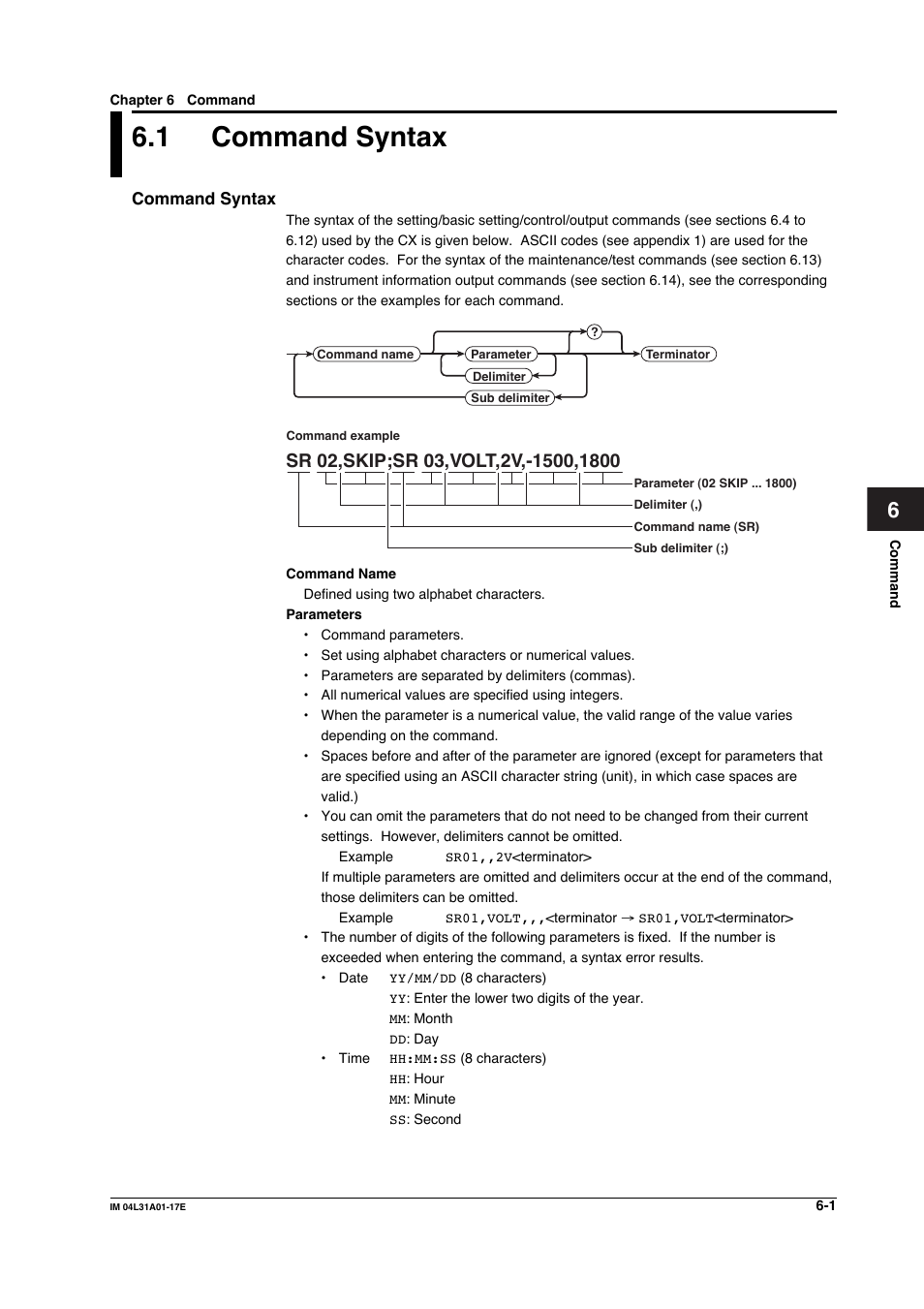 Chapter 6 command, 1 command syntax, Command syntax | Command syntax -1 command syntax -1 | Yokogawa Data Acquisition with PID Control CX2000 User Manual | Page 130 / 321