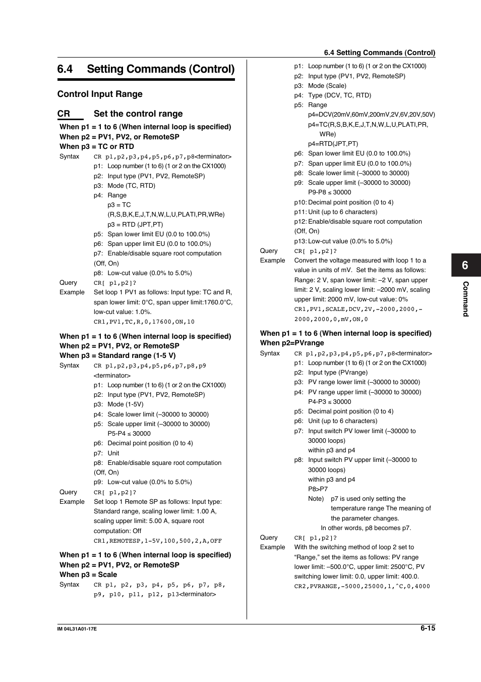 4 setting commands (control), Control input range, Control input range cr set the control range | Yokogawa Data Acquisition with PID Control CX2000 User Manual | Page 144 / 321