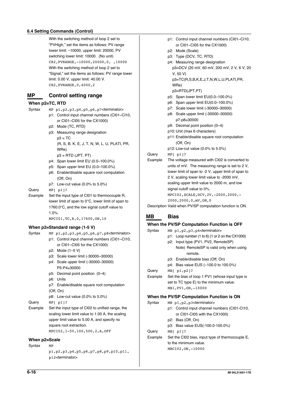 Mp control setting range, Mb bias | Yokogawa Data Acquisition with PID Control CX2000 User Manual | Page 145 / 321