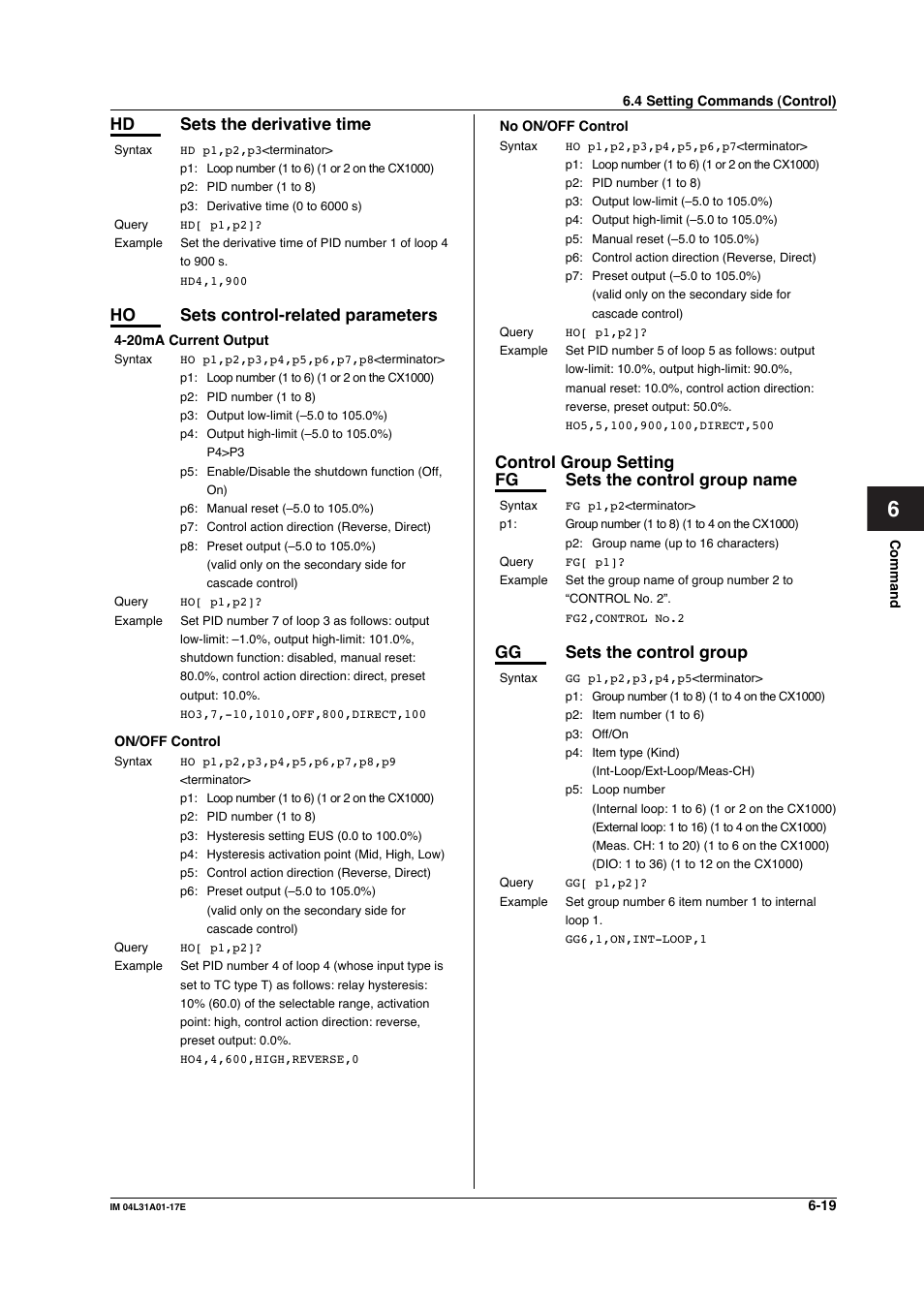 Control group setting, Control group setting -19, Gg sets the control group | Hd sets the derivative time, Ho sets control-related parameters | Yokogawa Data Acquisition with PID Control CX2000 User Manual | Page 148 / 321
