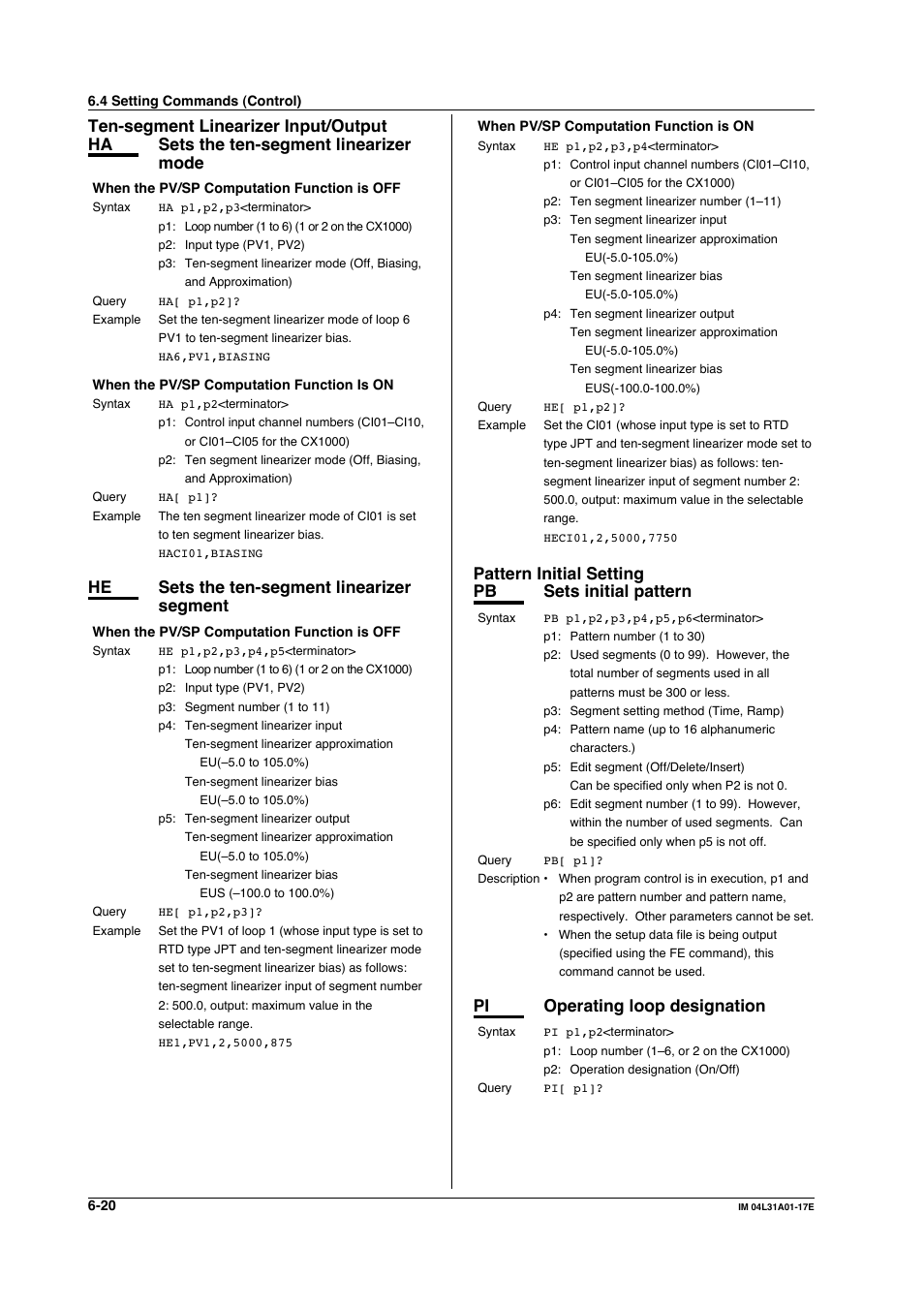 Ten-segment linearizer input/output, Pattern initial setting, Pattern initial setting pb sets initial pattern | Pi operating loop designation, He sets the ten-segment linearizer segment | Yokogawa Data Acquisition with PID Control CX2000 User Manual | Page 149 / 321