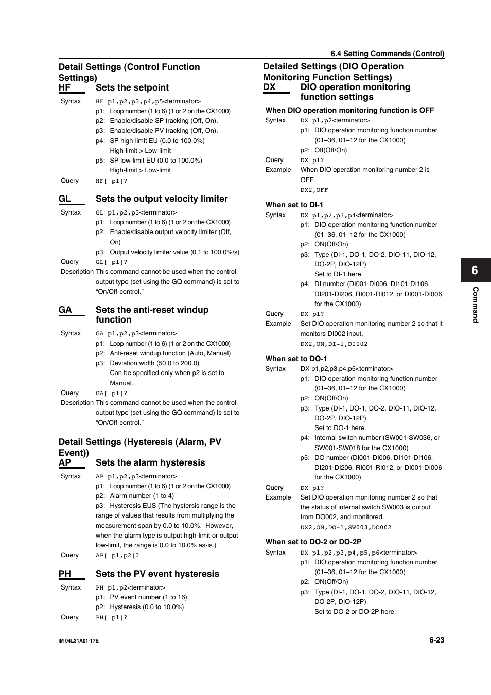 Detail settings (control function settings), Detail settings (hysteresis (alarm, pv event)), Gl sets the output velocity limiter | Ga sets the anti-reset windup function, Ph sets the pv event hysteresis | Yokogawa Data Acquisition with PID Control CX2000 User Manual | Page 152 / 321