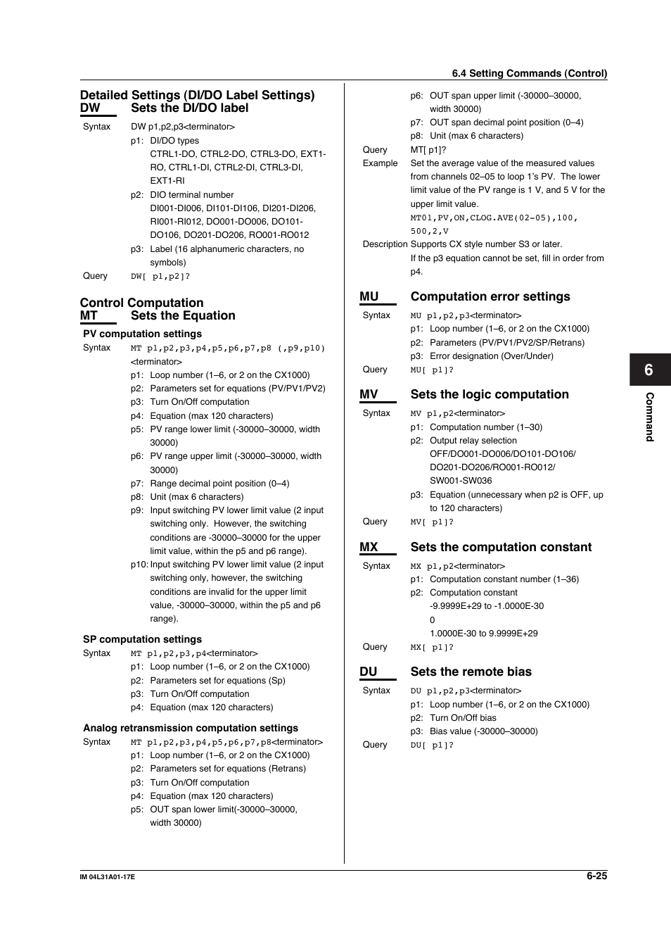 Detailed settings (di/do label settings), Control computation, Control computation mt sets the equation | Mu computation error settings, Mv sets the logic computation, Mx sets the computation constant, Du sets the remote bias | Yokogawa Data Acquisition with PID Control CX2000 User Manual | Page 154 / 321