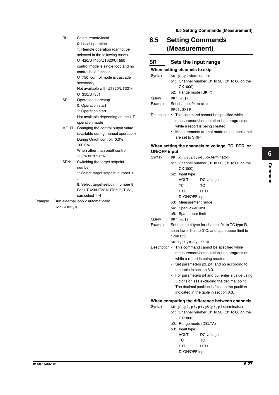 5 setting commands (measurement), Setting commands (measurement) -27, Sr sets the input range | Yokogawa Data Acquisition with PID Control CX2000 User Manual | Page 156 / 321