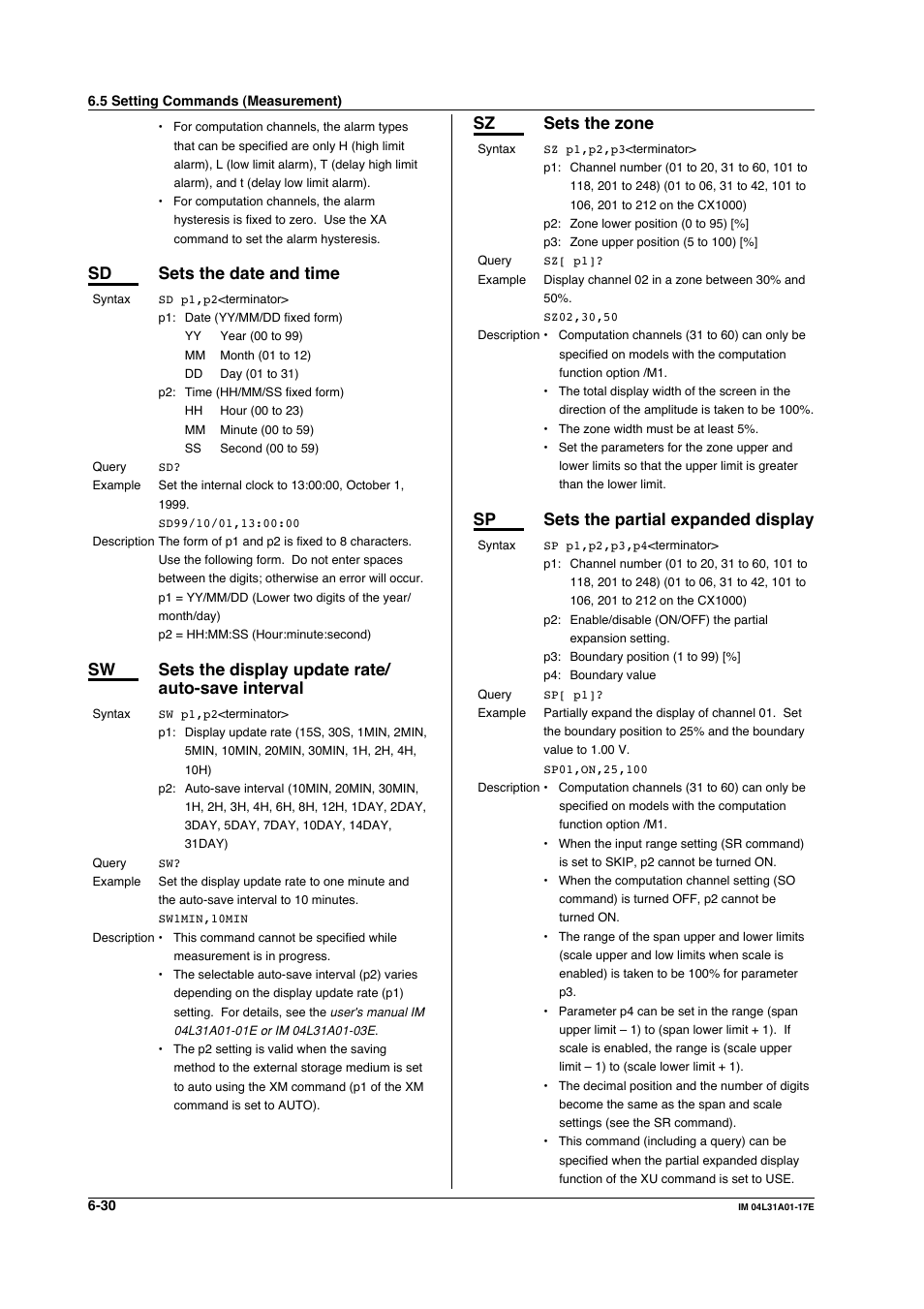 Sd sets the date and time, Sz sets the zone, Sp sets the partial expanded display | Yokogawa Data Acquisition with PID Control CX2000 User Manual | Page 159 / 321