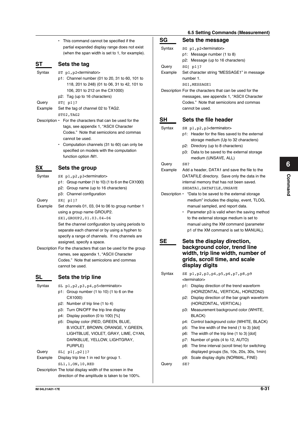 St sets the tag, Sx sets the group, Sl sets the trip line | Sg sets the message, Sh sets the file header | Yokogawa Data Acquisition with PID Control CX2000 User Manual | Page 160 / 321
