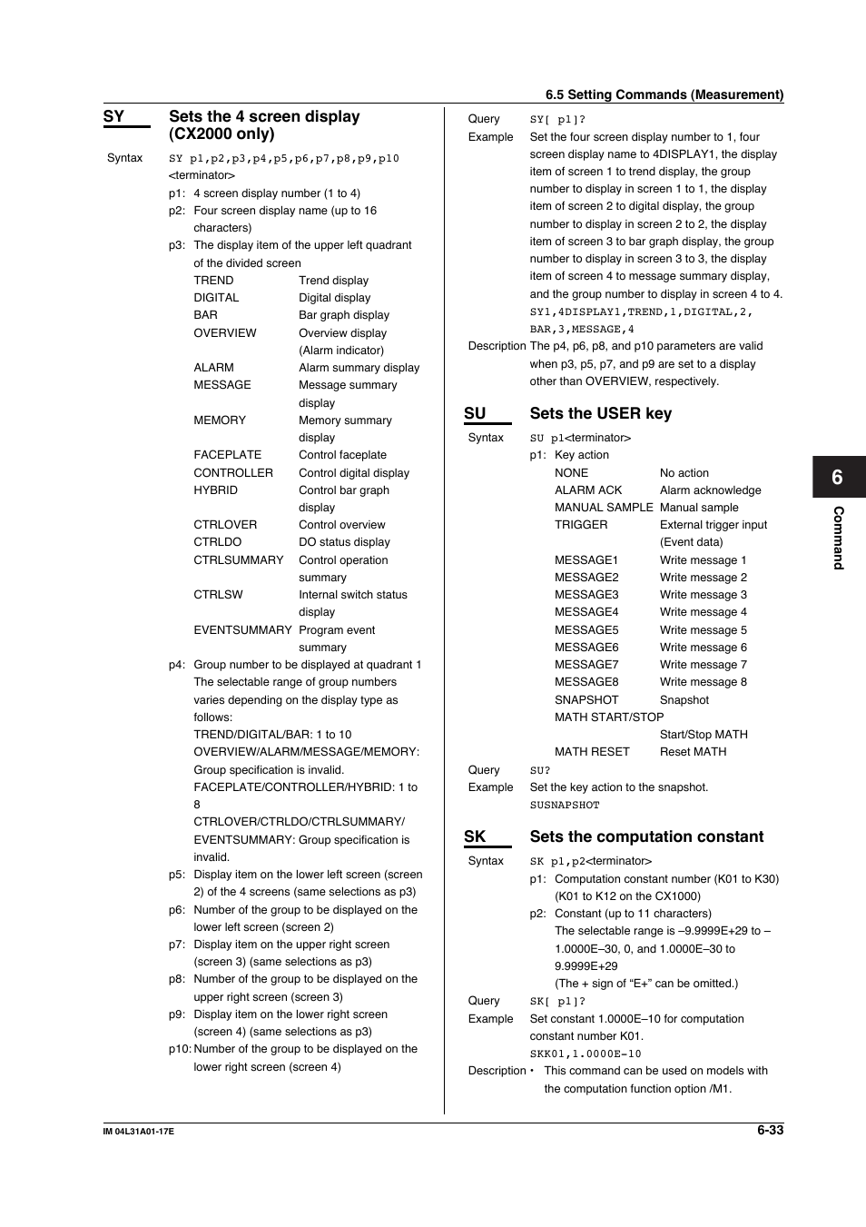 Su sets the user key, Sk sets the computation constant | Yokogawa Data Acquisition with PID Control CX2000 User Manual | Page 162 / 321