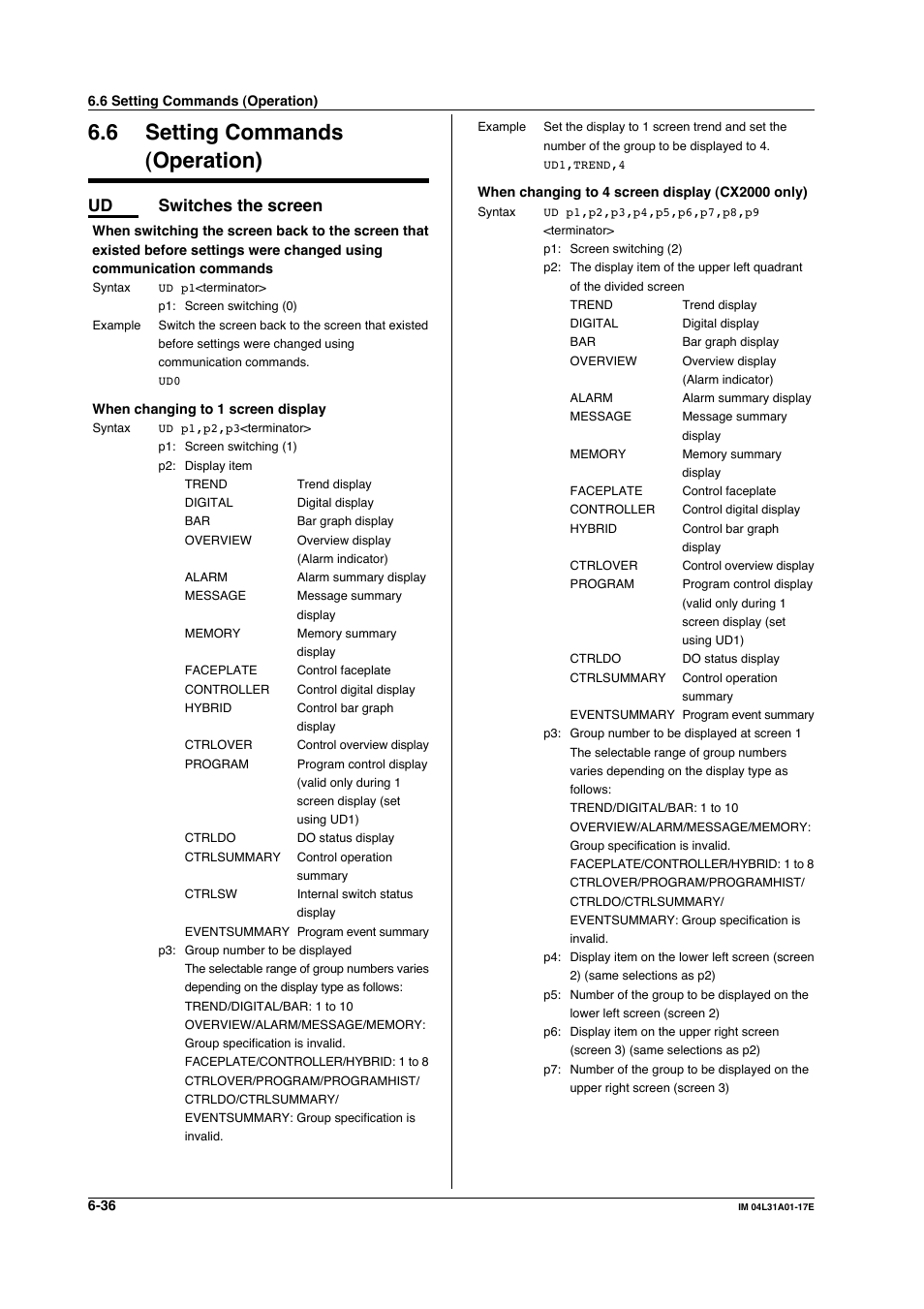 6 setting commands (operation), Setting commands (operation) -36, Ud switches the screen | Yokogawa Data Acquisition with PID Control CX2000 User Manual | Page 165 / 321
