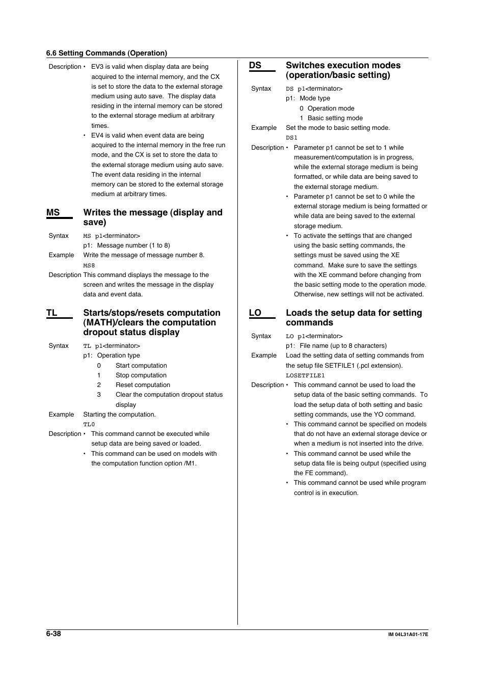 Ms writes the message (display and save), Lo loads the setup data for setting commands | Yokogawa Data Acquisition with PID Control CX2000 User Manual | Page 167 / 321