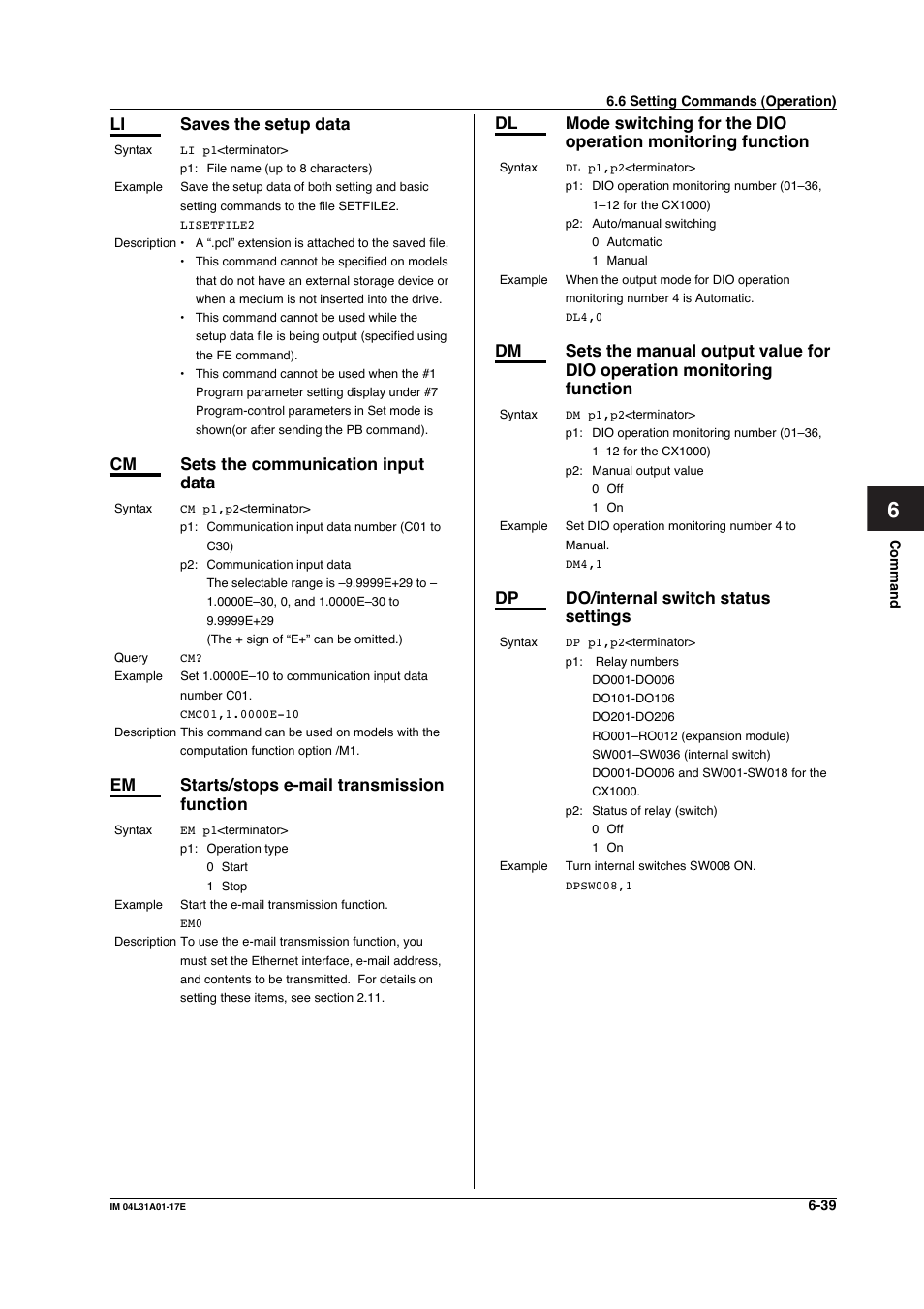 Li saves the setup data, Cm sets the communication input data, Em starts/stops e-mail transmission function | Dp do/internal switch status settings | Yokogawa Data Acquisition with PID Control CX2000 User Manual | Page 168 / 321