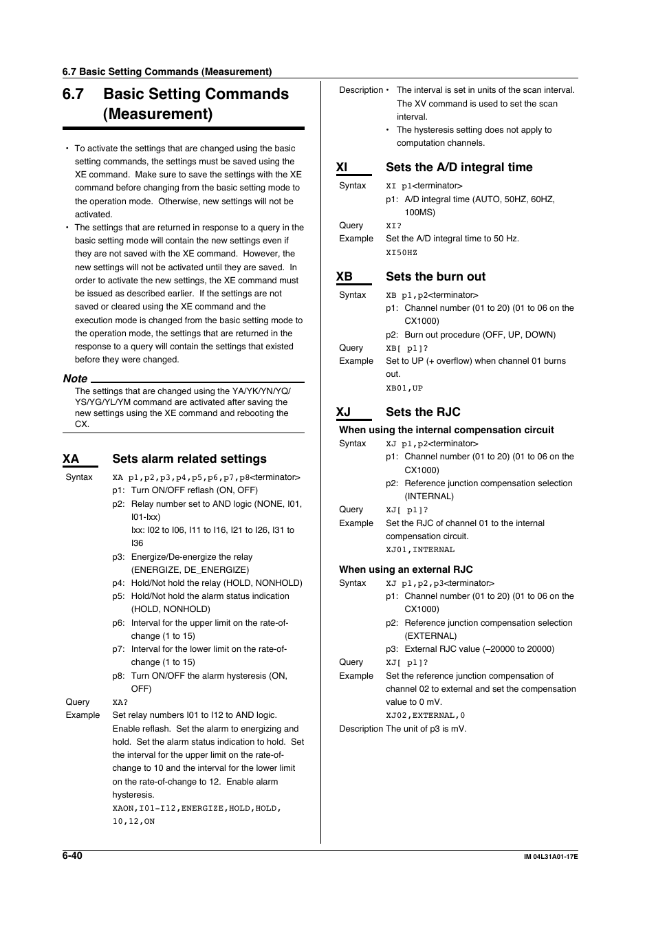 7 basic setting commands (measurement), Basic setting commands (measurement) -40, Xa sets alarm related settings | Xi sets the a/d integral time, Xb sets the burn out, Xj sets the rjc | Yokogawa Data Acquisition with PID Control CX2000 User Manual | Page 169 / 321