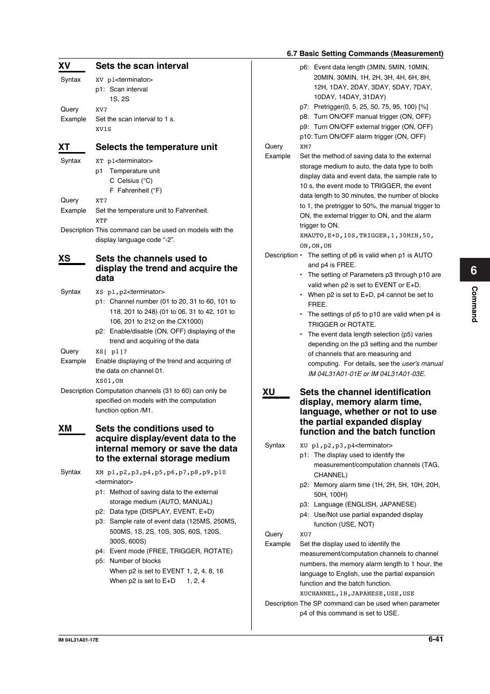 Xv sets the scan interval, Xt selects the temperature unit | Yokogawa Data Acquisition with PID Control CX2000 User Manual | Page 170 / 321