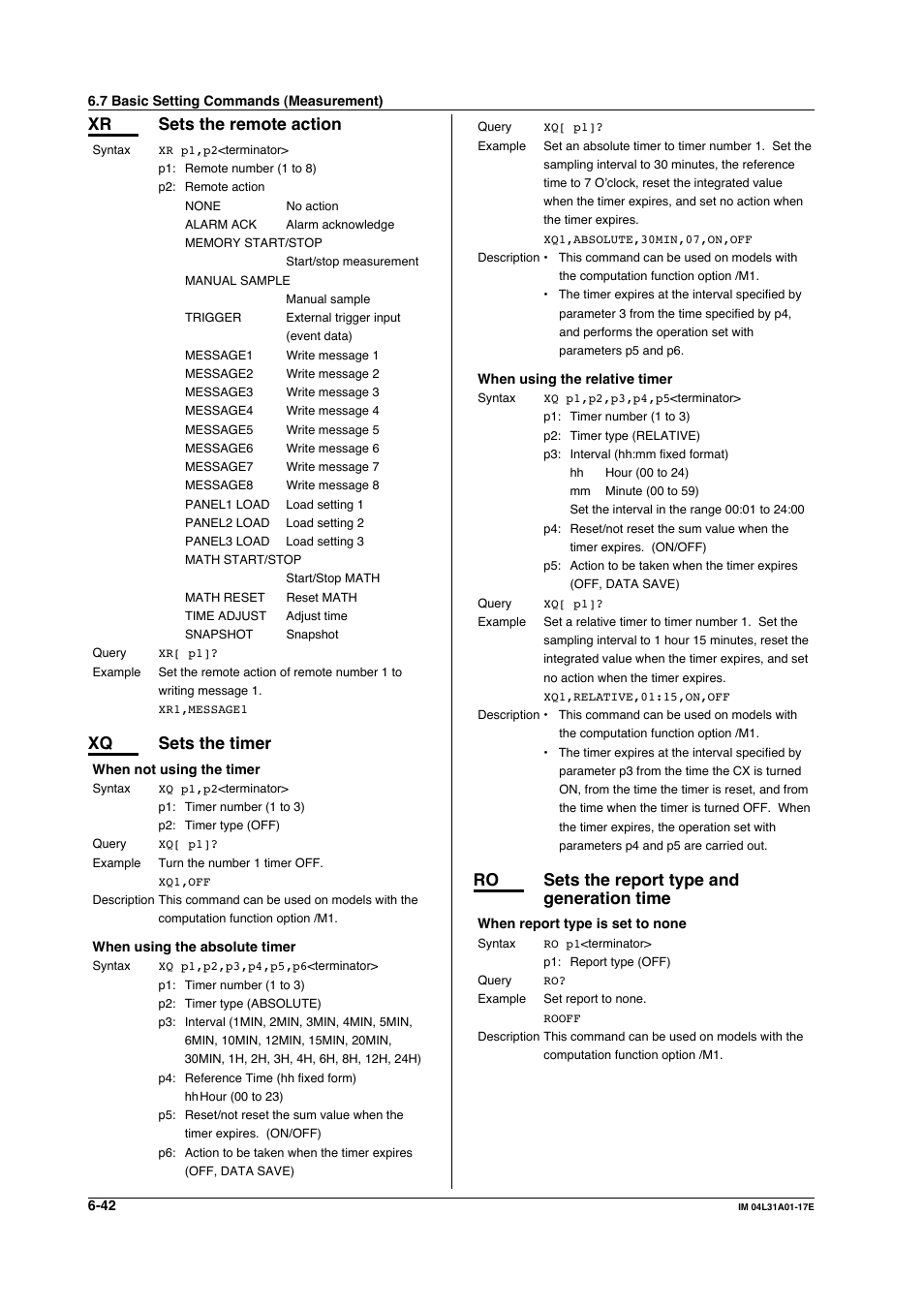 Xr sets the remote action, Xq sets the timer, Ro sets the report type and generation time | Yokogawa Data Acquisition with PID Control CX2000 User Manual | Page 171 / 321
