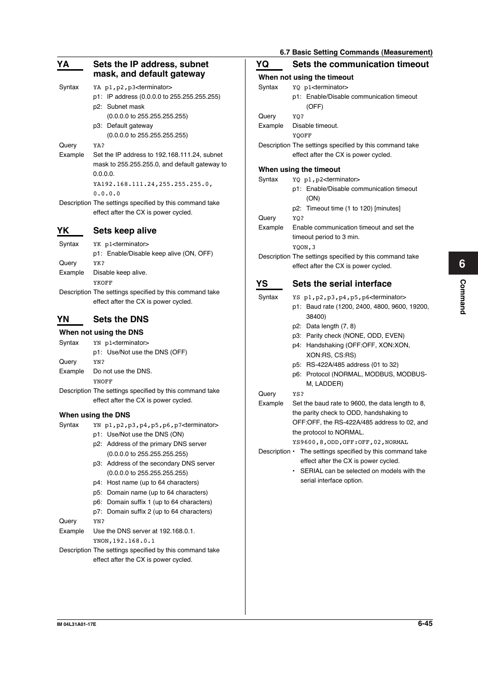 Yk sets keep alive, Yn sets the dns, Yq sets the communication timeout | Ys sets the serial interface | Yokogawa Data Acquisition with PID Control CX2000 User Manual | Page 174 / 321