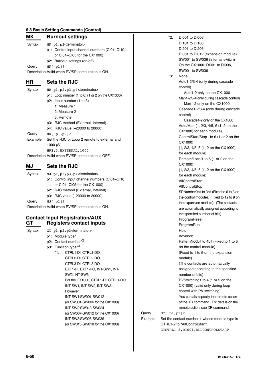 Contact input registration/aux, Contact input registration/aux -50, Mk burnout settings | Hr sets the rjc, Mj sets the rjc | Yokogawa Data Acquisition with PID Control CX2000 User Manual | Page 179 / 321