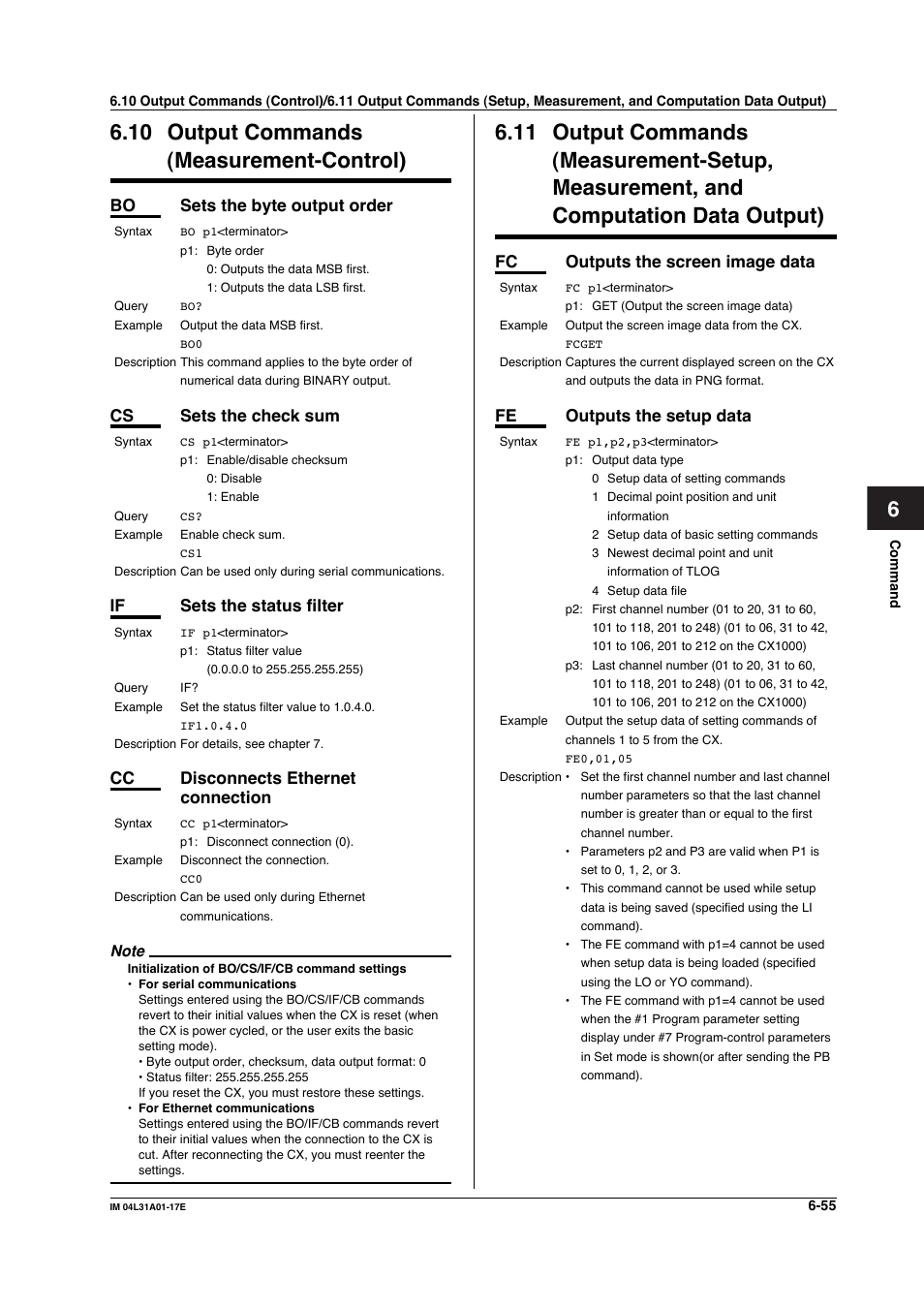 10 output commands (measurement-control), Output commands (measurement-control) -55, Bo sets the byte output order | Cs sets the check sum, If sets the status filter, Cc disconnects ethernet connection, Fc outputs the screen image data, Fe outputs the setup data | Yokogawa Data Acquisition with PID Control CX2000 User Manual | Page 184 / 321