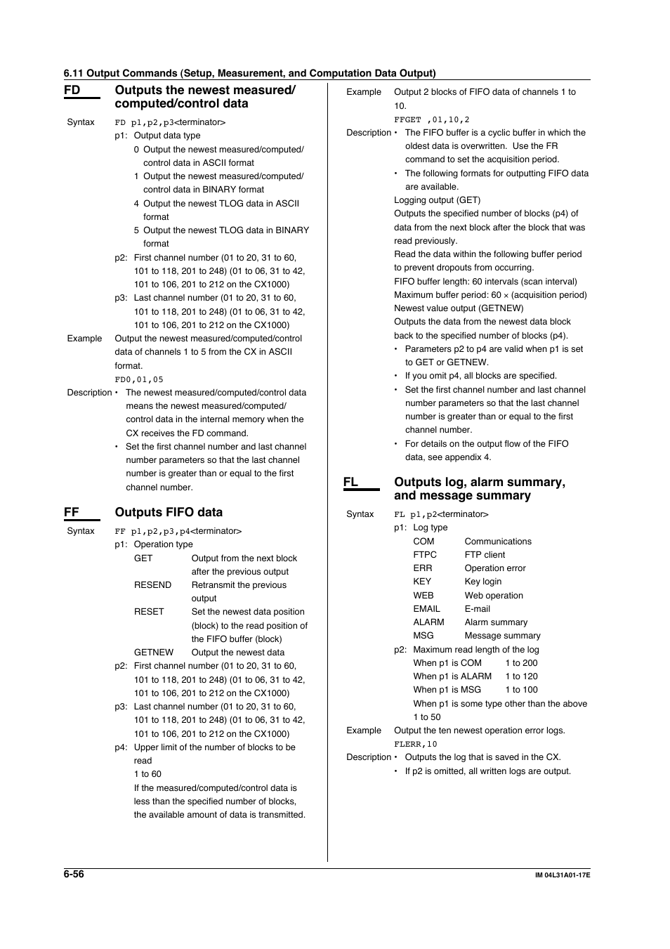 Ff outputs fifo data, Fl outputs log, alarm summary, and message summary | Yokogawa Data Acquisition with PID Control CX2000 User Manual | Page 185 / 321