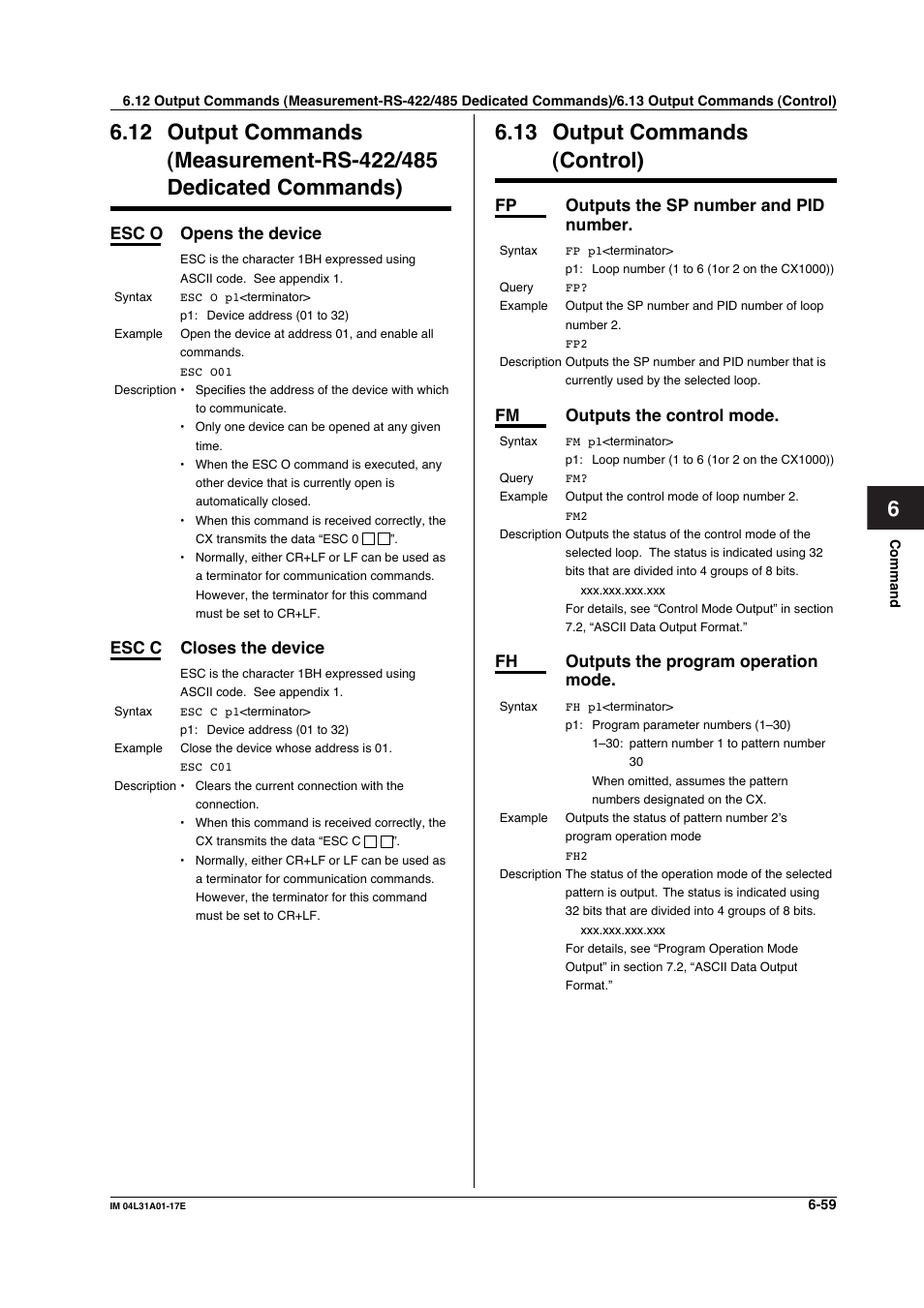 13 output commands (control), Output commands (control) -59, Esc o opens the device | Esc c closes the device, Fp outputs the sp number and pid number, Fm outputs the control mode, Fh outputs the program operation mode | Yokogawa Data Acquisition with PID Control CX2000 User Manual | Page 188 / 321