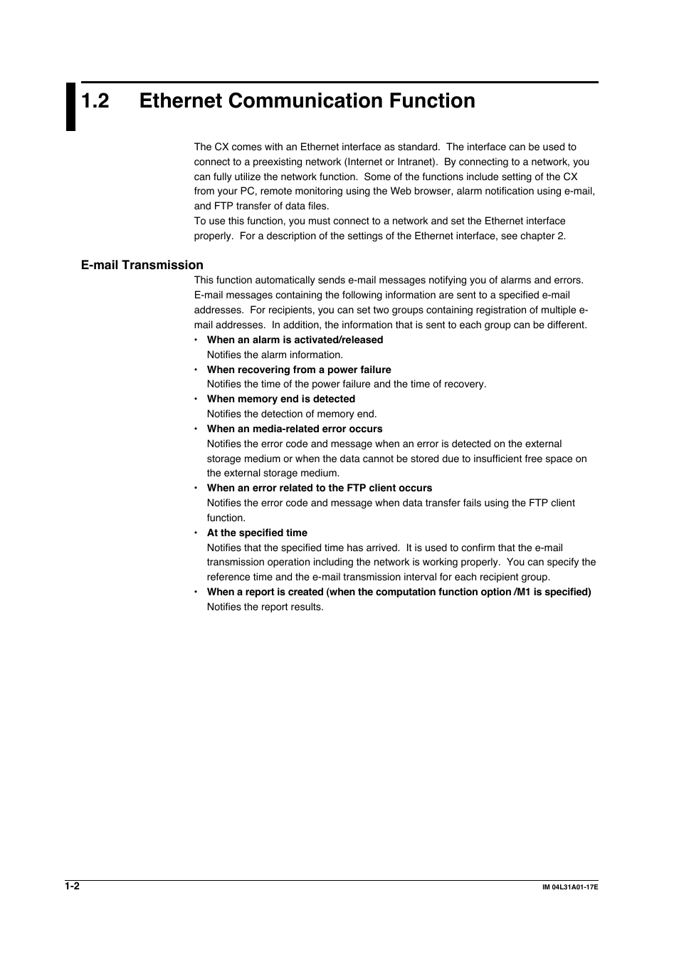 2 ethernet communication function, E-mail transmission | Yokogawa Data Acquisition with PID Control CX2000 User Manual | Page 19 / 321