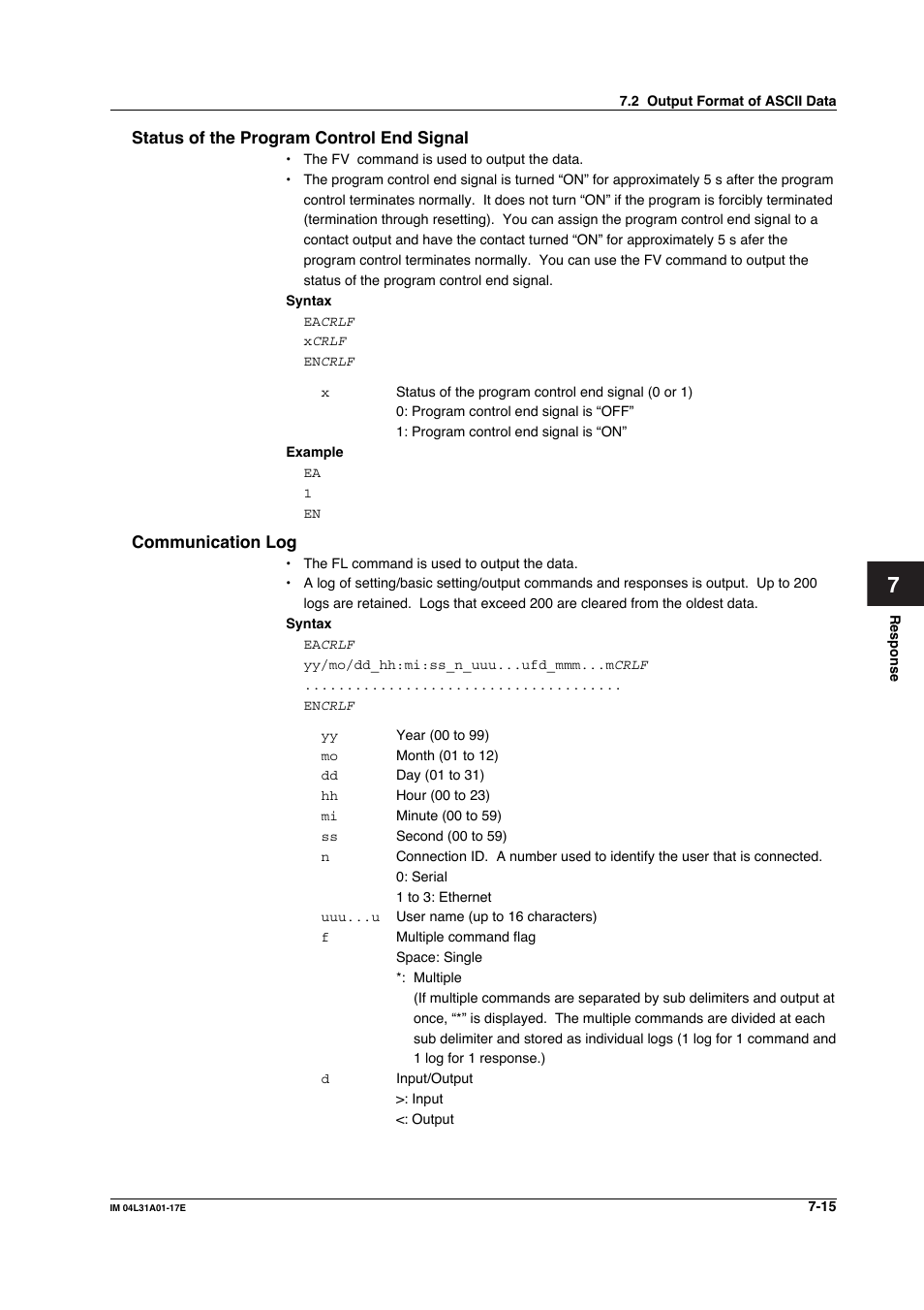 Status of the program control end signal, Communication log | Yokogawa Data Acquisition with PID Control CX2000 User Manual | Page 207 / 321