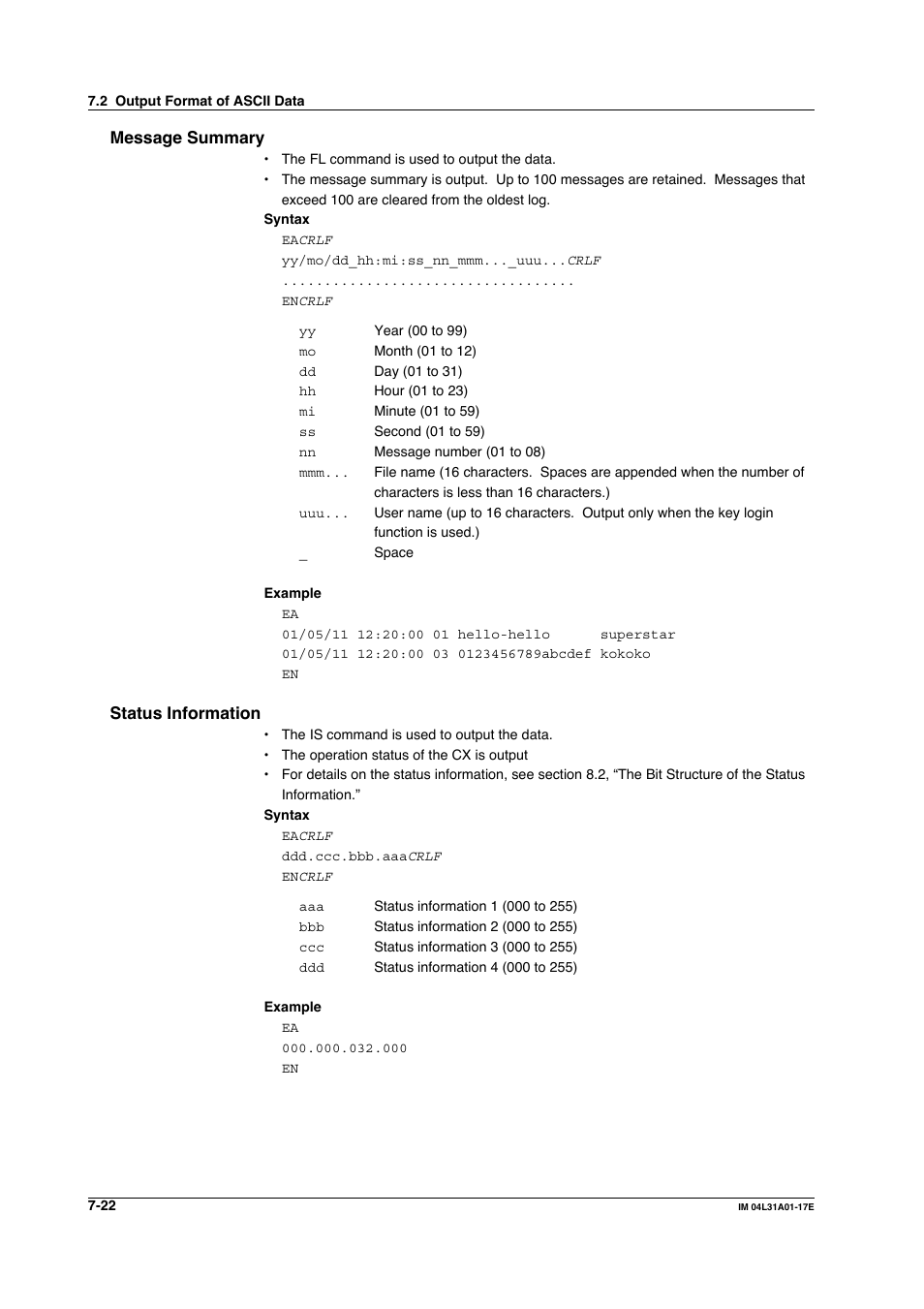 Message summary, Status information, Message summary -22 status information -22 | Yokogawa Data Acquisition with PID Control CX2000 User Manual | Page 214 / 321