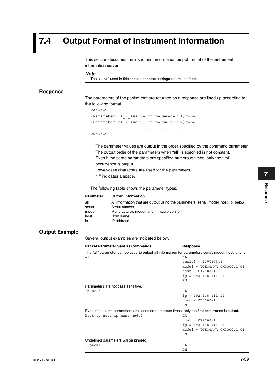 4 output format of instrument information, Response, Output example | Yokogawa Data Acquisition with PID Control CX2000 User Manual | Page 231 / 321