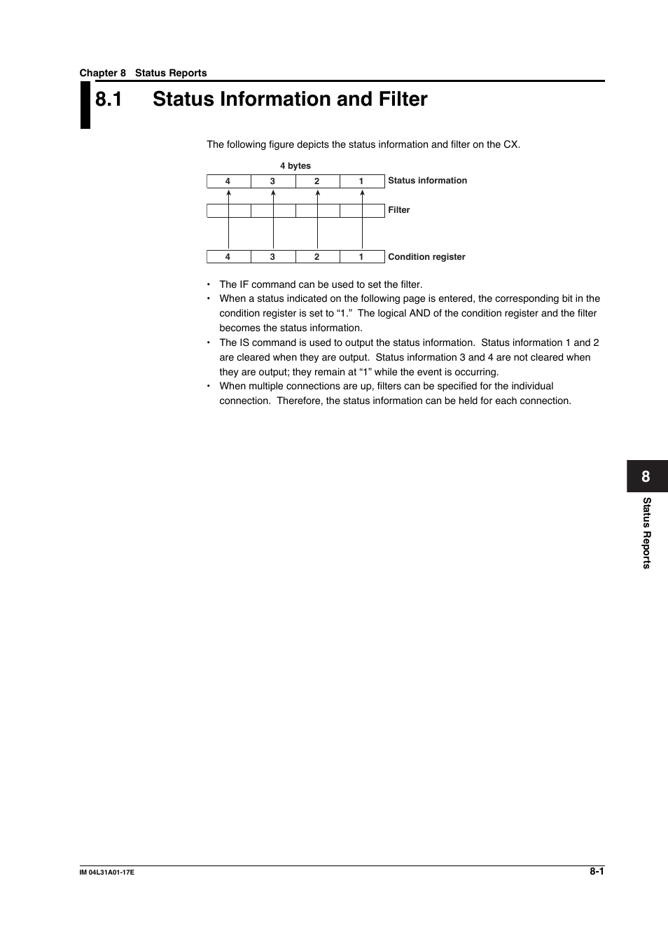 Chapter 8 status reports, 1 status information and filter, Status information and filter -1 | Yokogawa Data Acquisition with PID Control CX2000 User Manual | Page 232 / 321