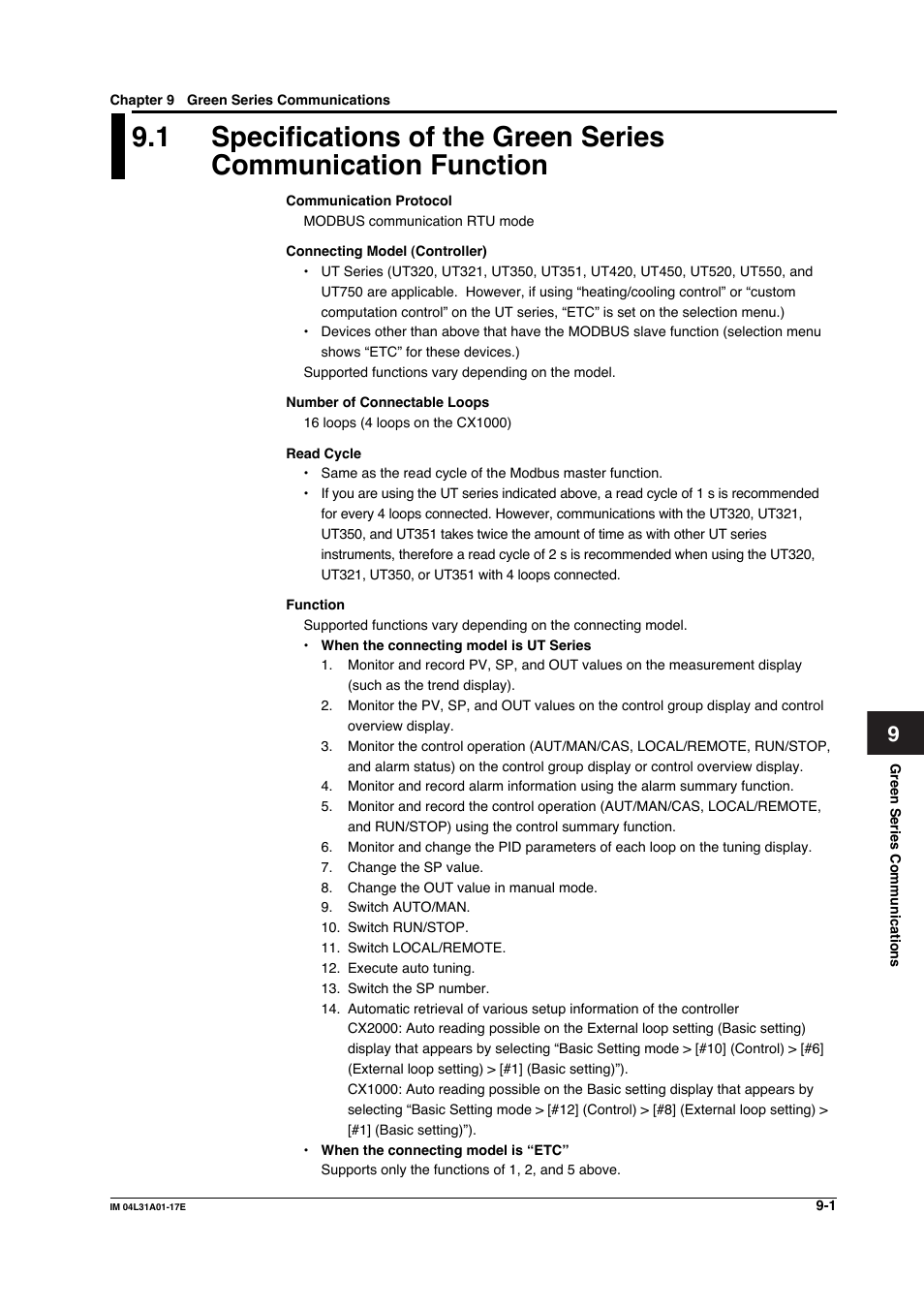 Chapter 9 green series communications | Yokogawa Data Acquisition with PID Control CX2000 User Manual | Page 234 / 321