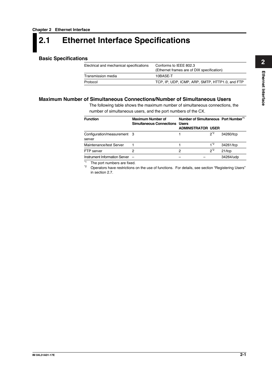 Chapter 2 ethernet interface, 1 ethernet interface specifications, Basic specifications | Yokogawa Data Acquisition with PID Control CX2000 User Manual | Page 31 / 321