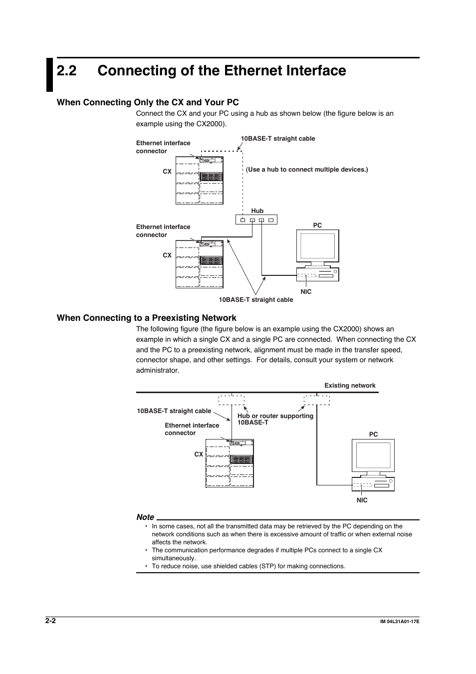 2 connecting of the ethernet interface, When connecting only the cx and your pc, When connecting to a preexisting network | Yokogawa Data Acquisition with PID Control CX2000 User Manual | Page 32 / 321