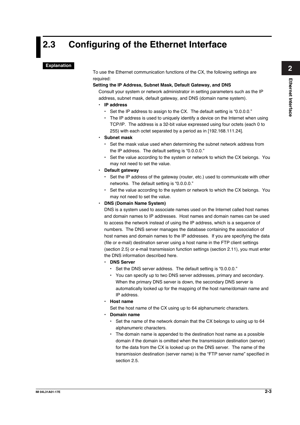 3 configuring of the ethernet interface, Configuring of the ethernet interface -3 | Yokogawa Data Acquisition with PID Control CX2000 User Manual | Page 33 / 321