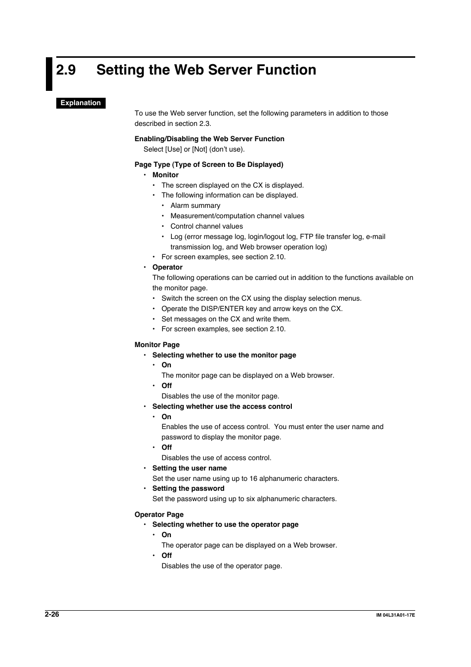 9 setting the web server function, Setting the web server function -26 | Yokogawa Data Acquisition with PID Control CX2000 User Manual | Page 56 / 321