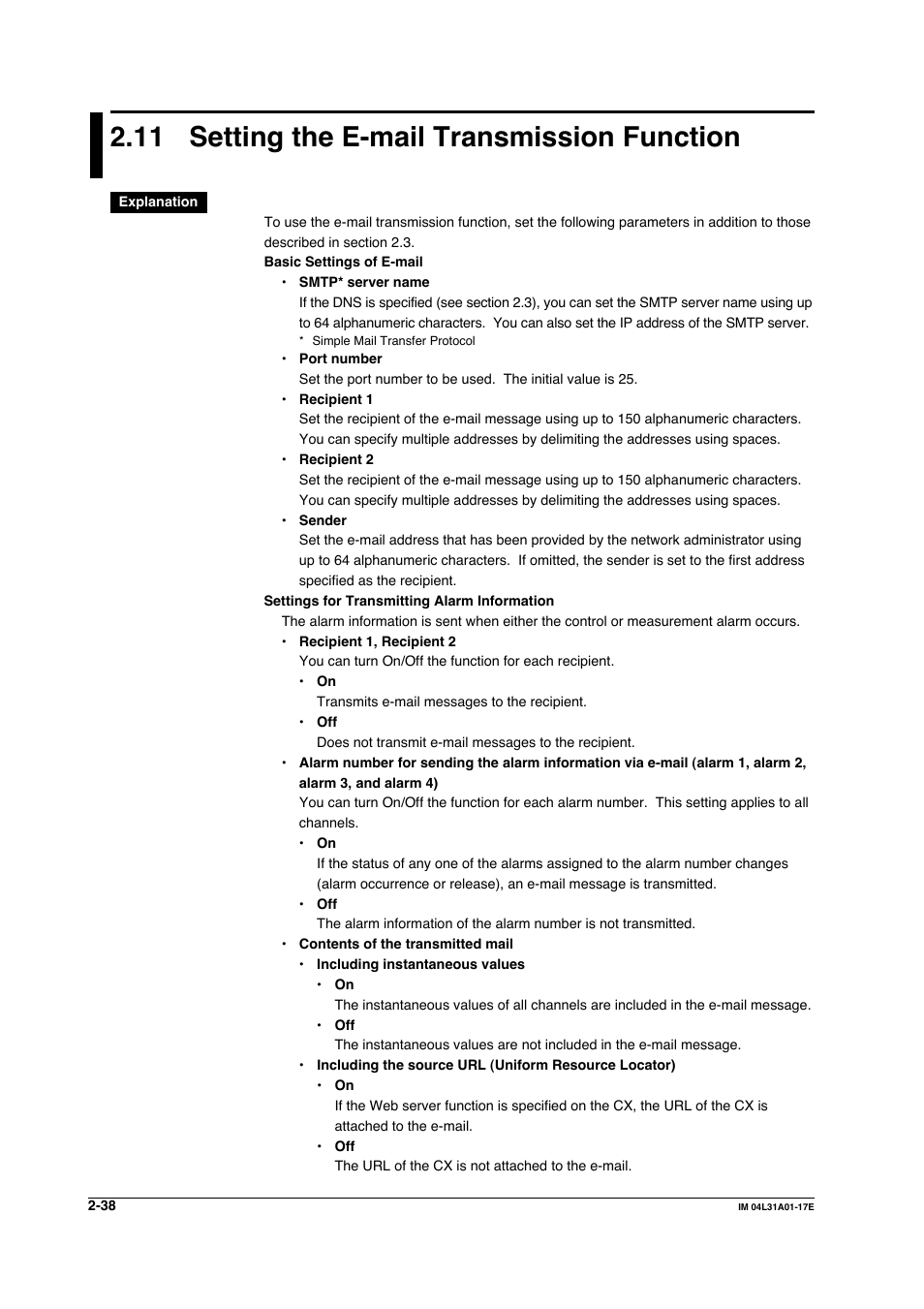11 setting the e-mail transmission function, Setting the e-mail transmission function -38 | Yokogawa Data Acquisition with PID Control CX2000 User Manual | Page 68 / 321