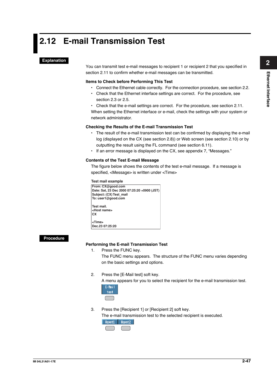12 e-mail transmission test, E-mail transmission test -47 | Yokogawa Data Acquisition with PID Control CX2000 User Manual | Page 77 / 321