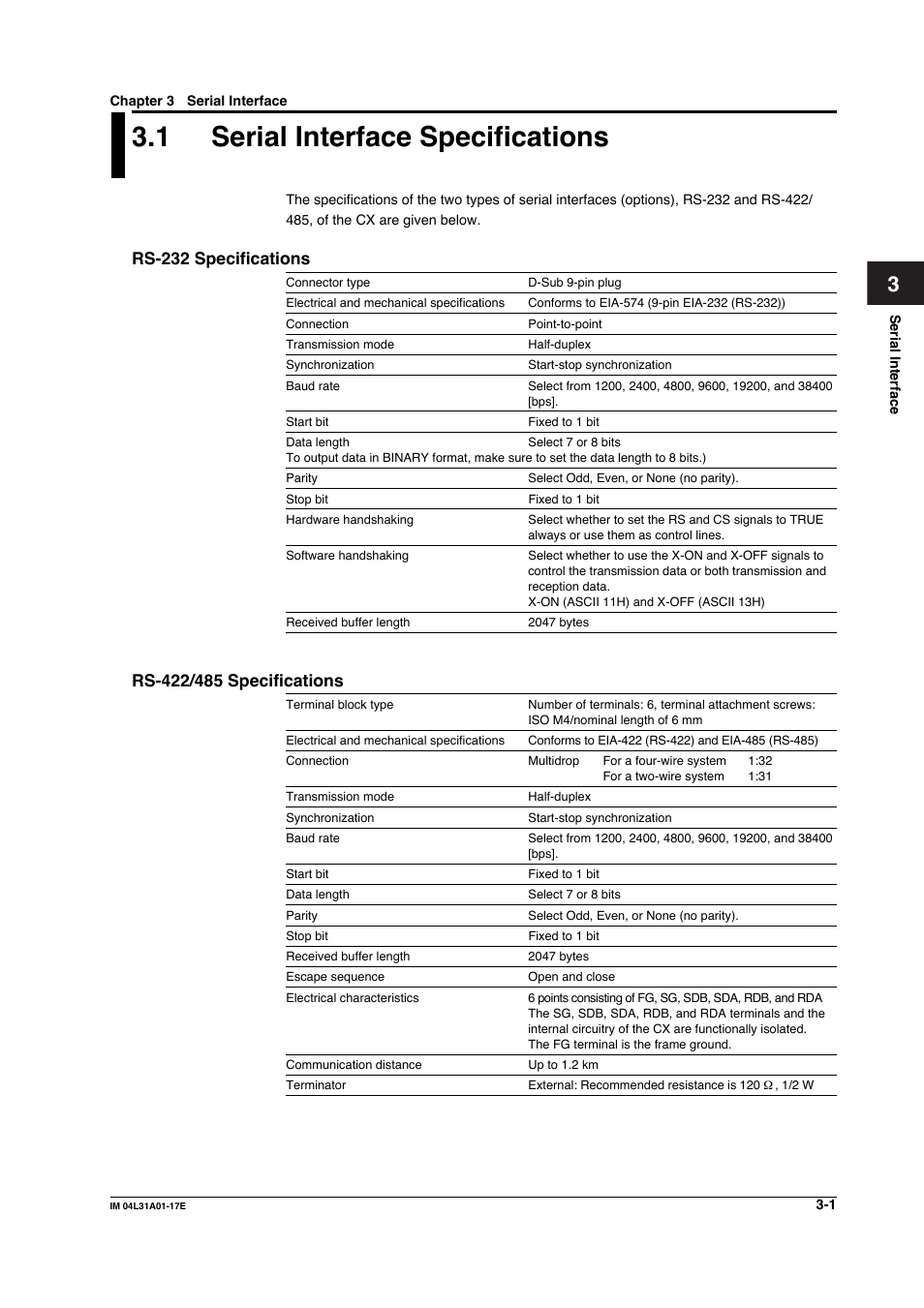 Chapter 3 serial interface, 1 serial interface specifications, Rs-232 specifications | Rs-422/485 specifications | Yokogawa Data Acquisition with PID Control CX2000 User Manual | Page 81 / 321