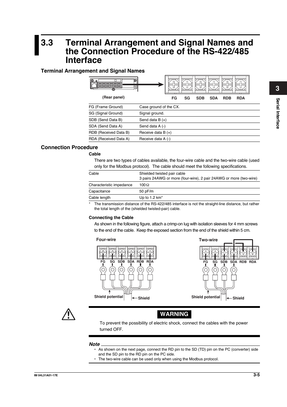 Terminal arrangement and signal names, Connection procedure, Warning | Yokogawa Data Acquisition with PID Control CX2000 User Manual | Page 85 / 321