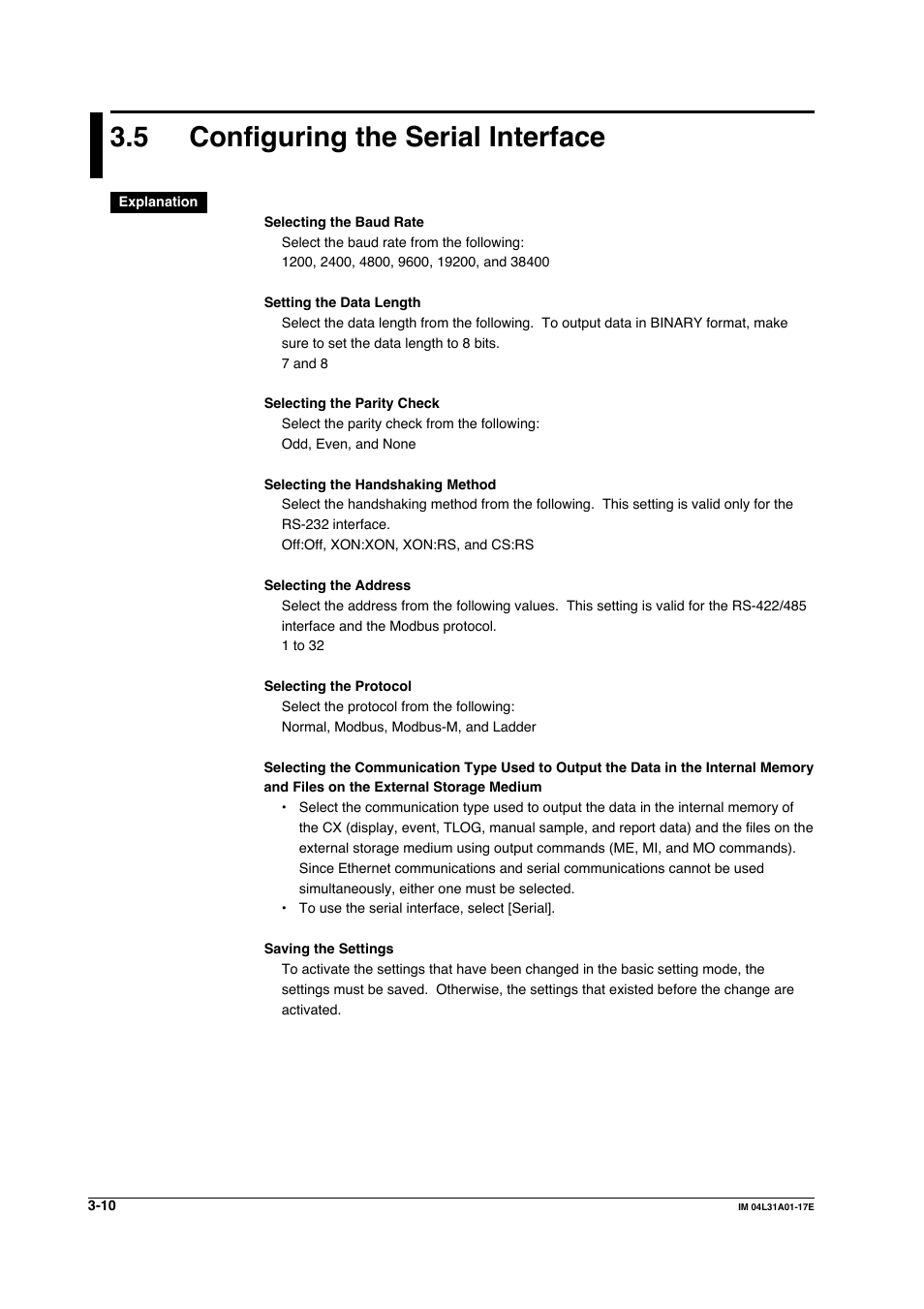5 configuring the serial interface, Configuring the serial interface -10 | Yokogawa Data Acquisition with PID Control CX2000 User Manual | Page 90 / 321