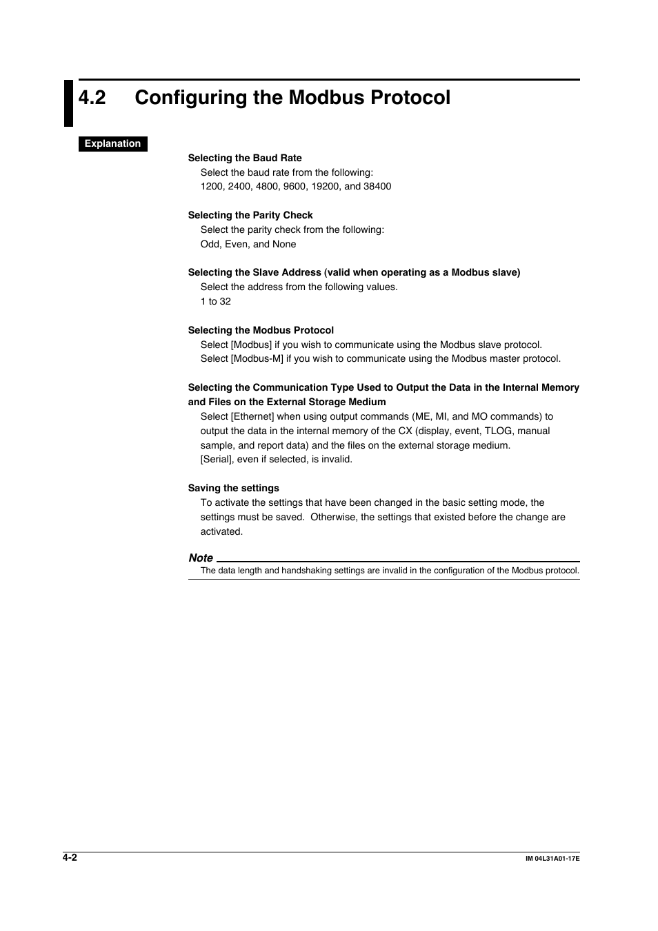 2 configuring the modbus protocol, Configuring the modbus protocol -2 | Yokogawa Data Acquisition with PID Control CX2000 User Manual | Page 96 / 321