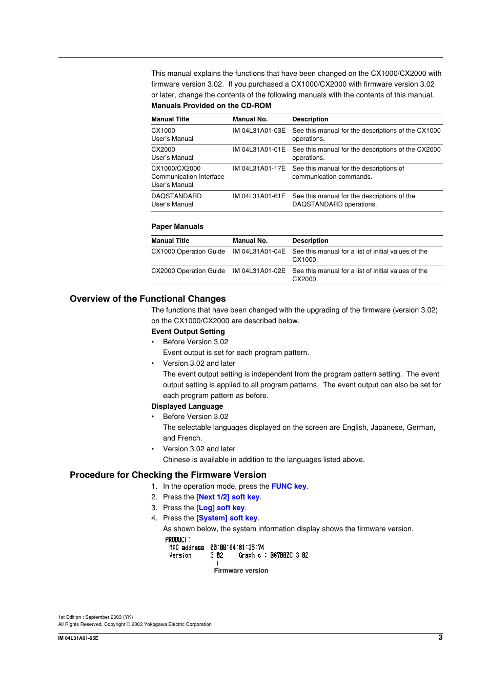 Overview of the functional changes, Procedure for checking the firmware version | Yokogawa Data Acquisition with PID Control CX2000 User Manual | Page 3 / 16