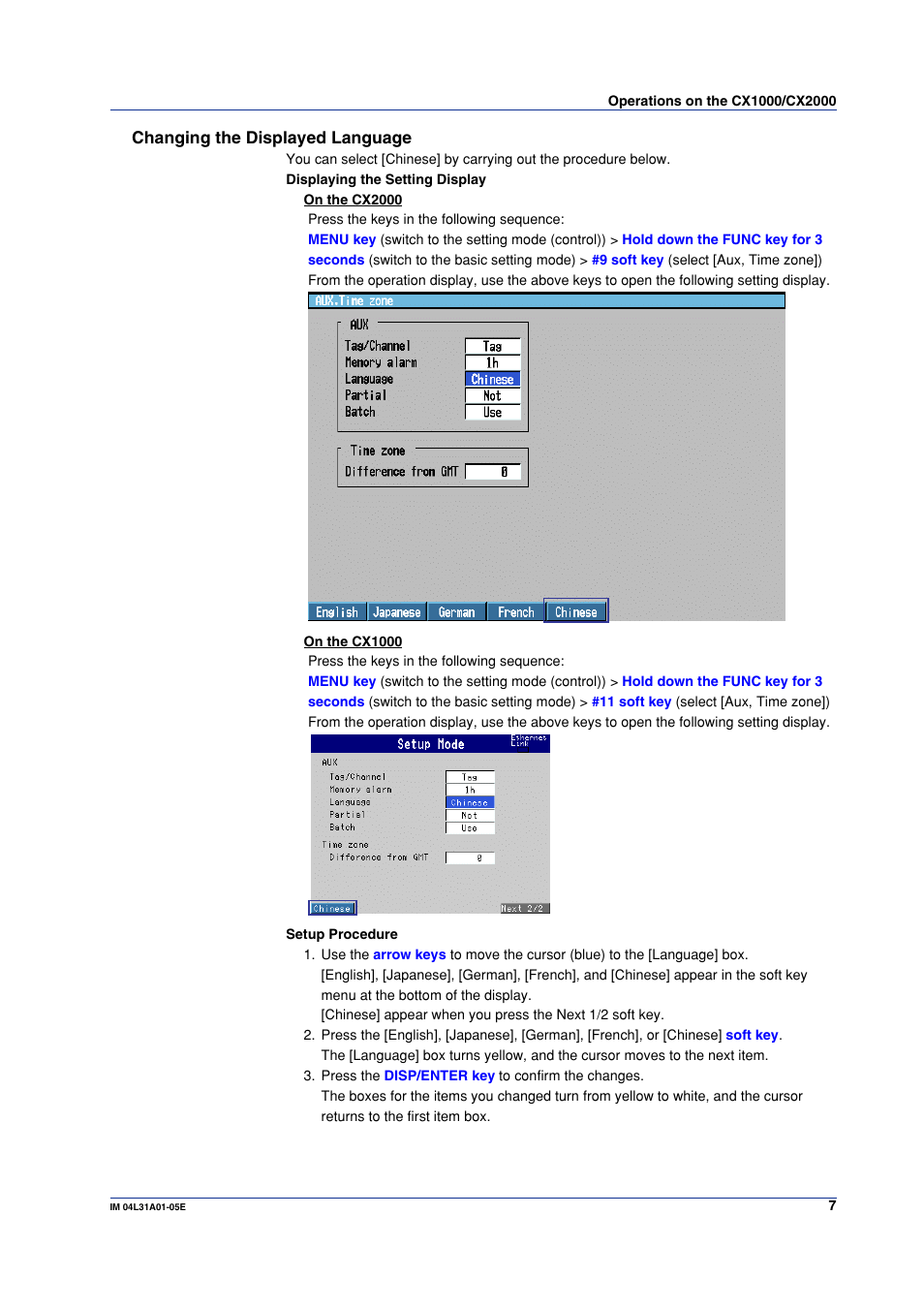 Changing the displayed language | Yokogawa Data Acquisition with PID Control CX2000 User Manual | Page 7 / 16