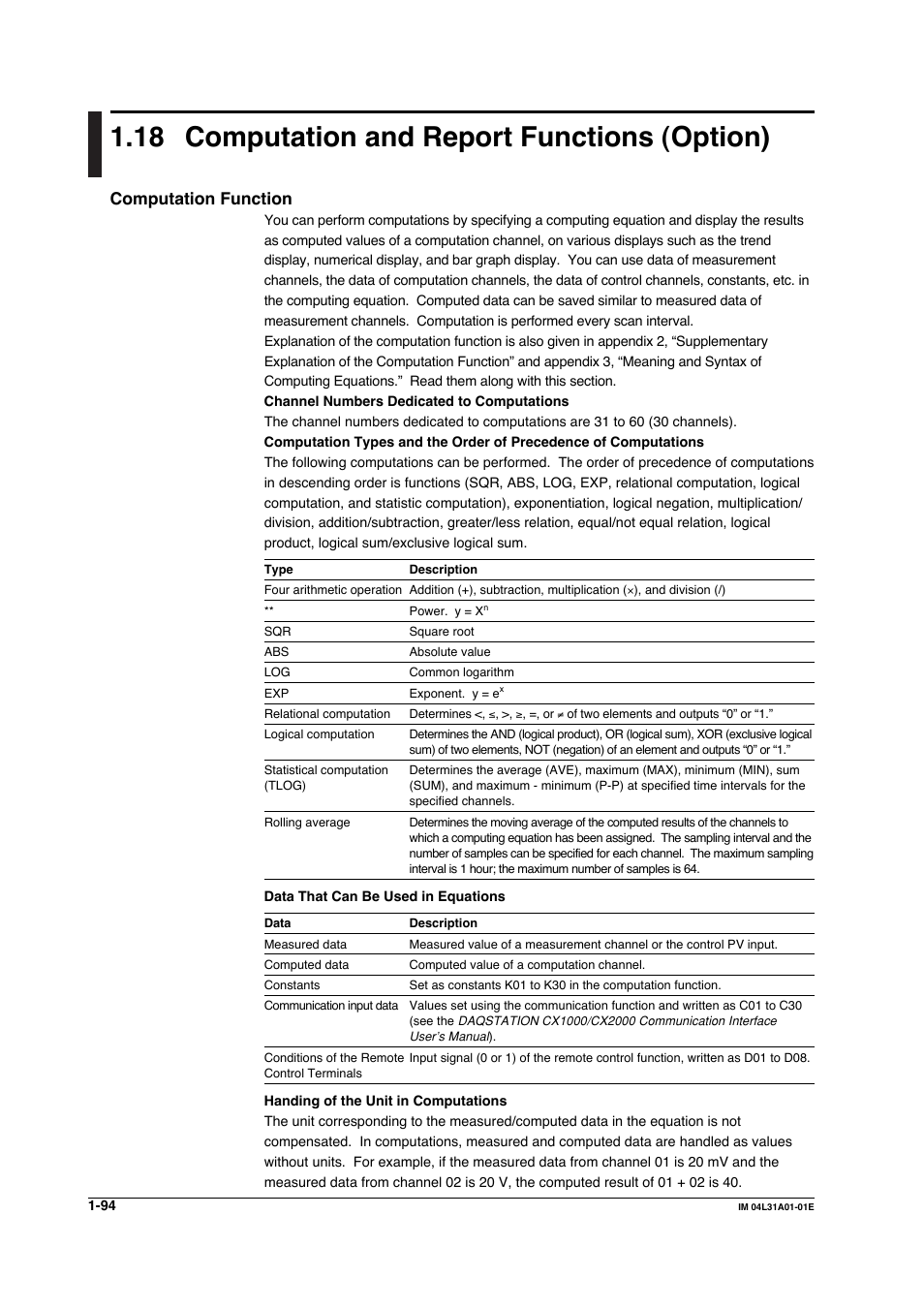 18 computation and report functions (option), Computation and report functions (option) -94, Computation function | Yokogawa Data Acquisition with PID Control CX2000 User Manual | Page 106 / 427