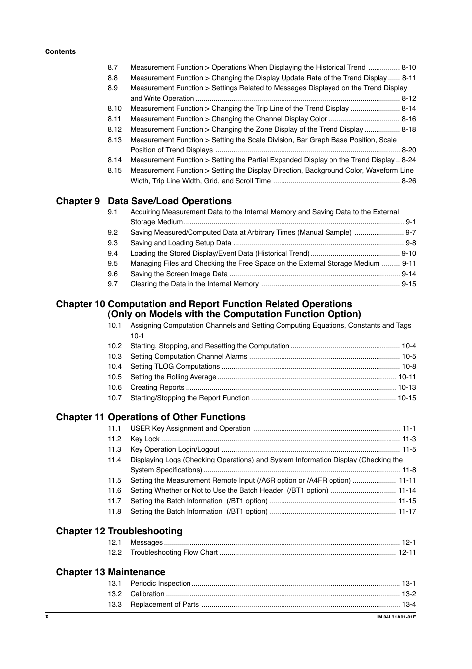 Chapter 9 data save/load operations, Chapter 11 operations of other functions, Chapter 12 troubleshooting | Chapter 13 maintenance | Yokogawa Data Acquisition with PID Control CX2000 User Manual | Page 11 / 427