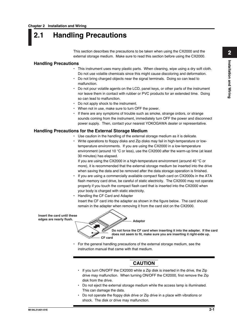 Chapter 2 installation and wiring, 1 handling precautions, Handling precautions -1 | Yokogawa Data Acquisition with PID Control CX2000 User Manual | Page 118 / 427