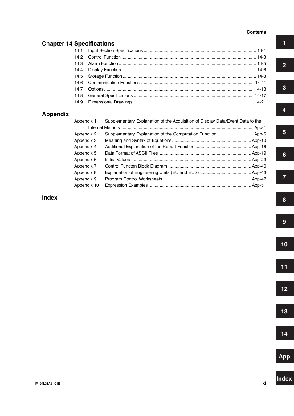 Chapter 14 specifications, Appendix, Index | Yokogawa Data Acquisition with PID Control CX2000 User Manual | Page 12 / 427