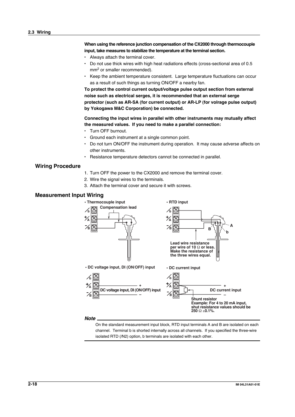 Wiring procedure, Measurement input wiring | Yokogawa Data Acquisition with PID Control CX2000 User Manual | Page 135 / 427