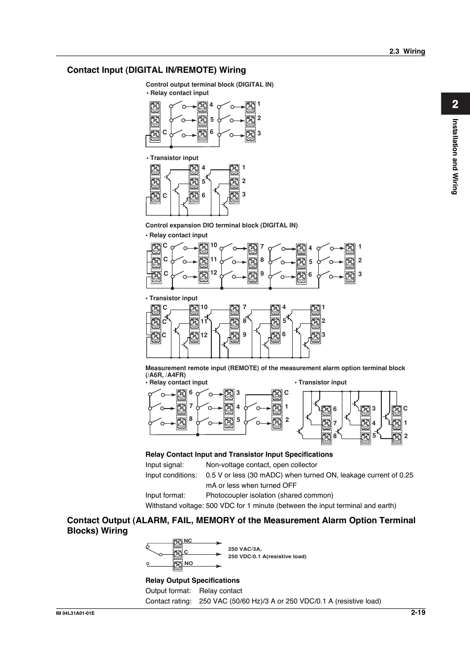 Contact input (digital in/remote) wiring | Yokogawa Data Acquisition with PID Control CX2000 User Manual | Page 136 / 427