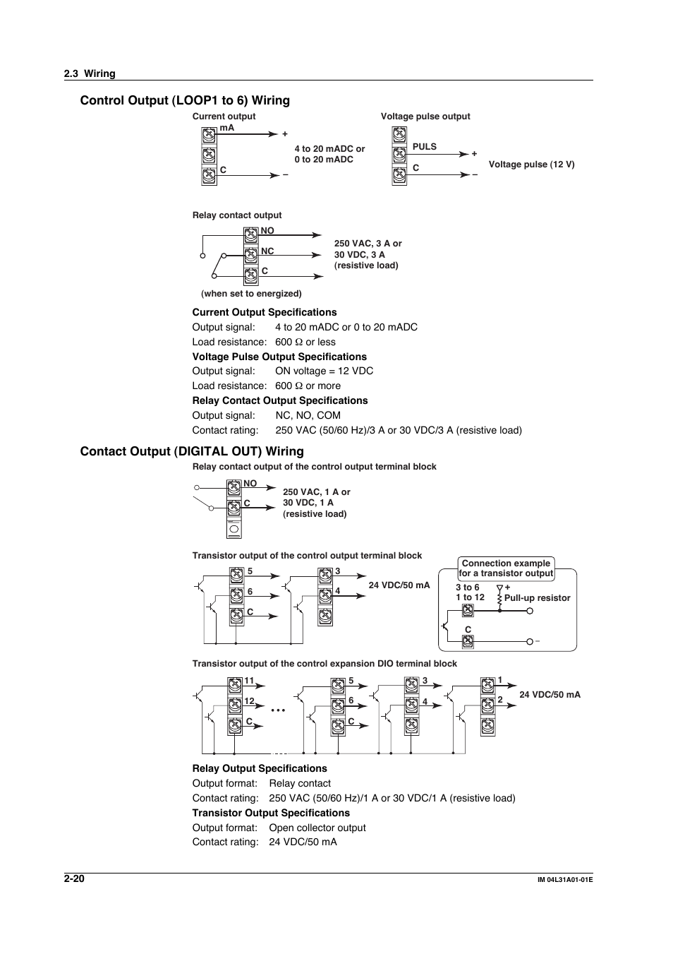 Control output (loop1 to 6) wiring, Contact output (digital out) wiring | Yokogawa Data Acquisition with PID Control CX2000 User Manual | Page 137 / 427