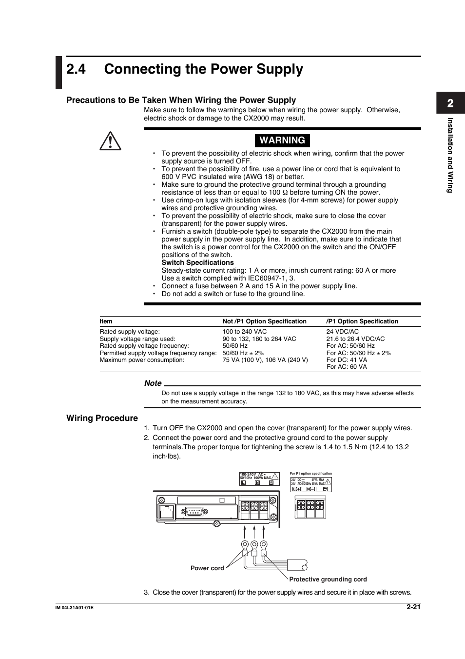 4 connecting the power supply, Connecting the power supply -21, Warning | Yokogawa Data Acquisition with PID Control CX2000 User Manual | Page 138 / 427