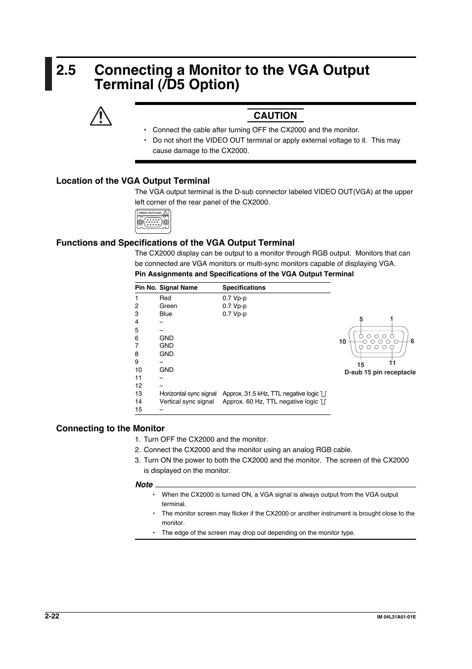 Caution, Location of the vga output terminal, Connecting to the monitor | Yokogawa Data Acquisition with PID Control CX2000 User Manual | Page 139 / 427